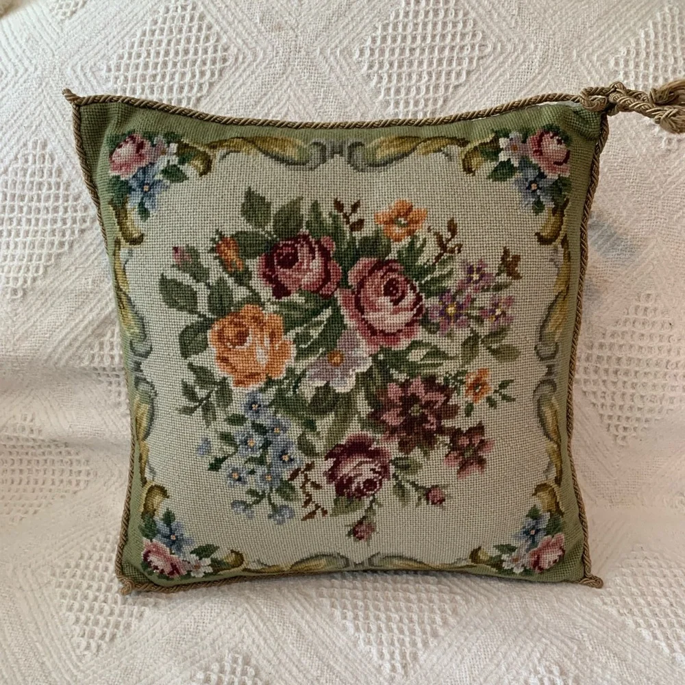 Vintage Floral Needlepoint Pillow with Green and Pink Accents